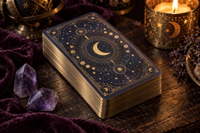 Baralho de tarot com detalhes dourados