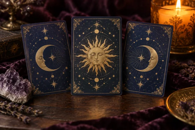 Três cartas de tarot com desenhos de lua e sol
